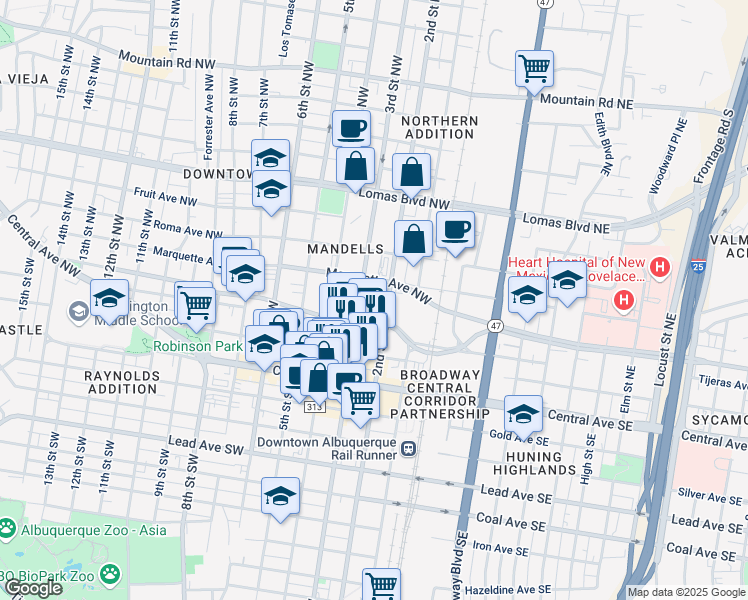 map of restaurants, bars, coffee shops, grocery stores, and more near 401 2nd Street Northwest in Albuquerque