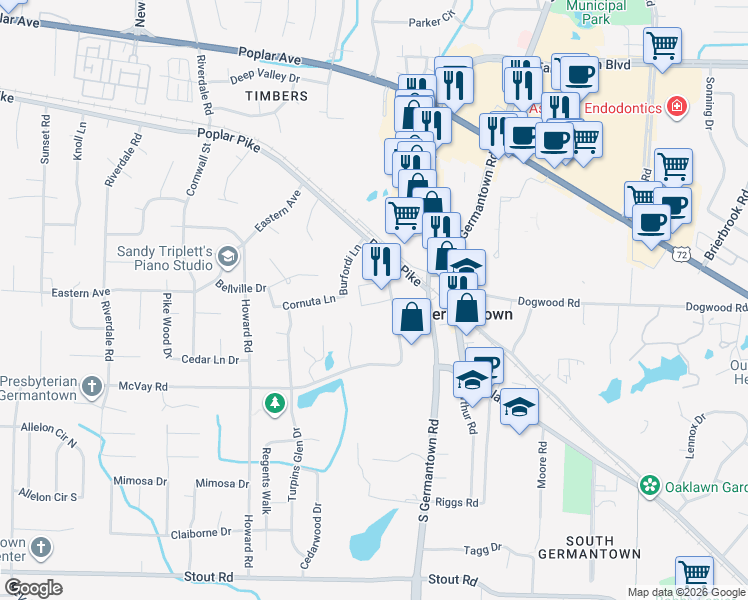 map of restaurants, bars, coffee shops, grocery stores, and more near 7482 South Germantown Square in Germantown
