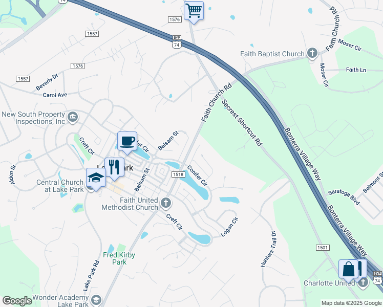map of restaurants, bars, coffee shops, grocery stores, and more near 3908 Faith Church Road in Indian Trail
