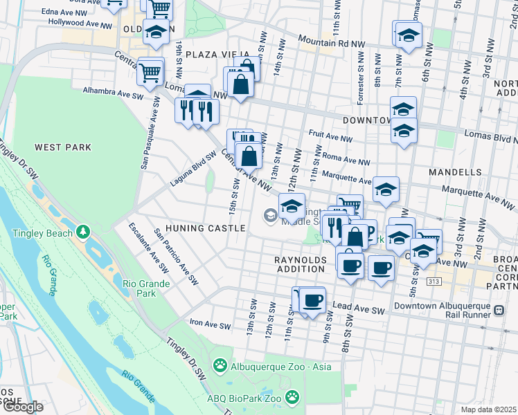 map of restaurants, bars, coffee shops, grocery stores, and more near 1228 Central Avenue Southwest in Albuquerque