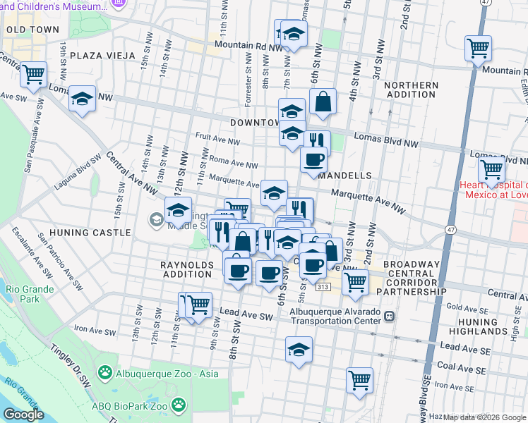 map of restaurants, bars, coffee shops, grocery stores, and more near 714 Tijeras Avenue Northwest in Albuquerque