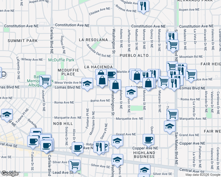 map of restaurants, bars, coffee shops, grocery stores, and more near 4150 Mesa Verde Avenue Northeast in Albuquerque