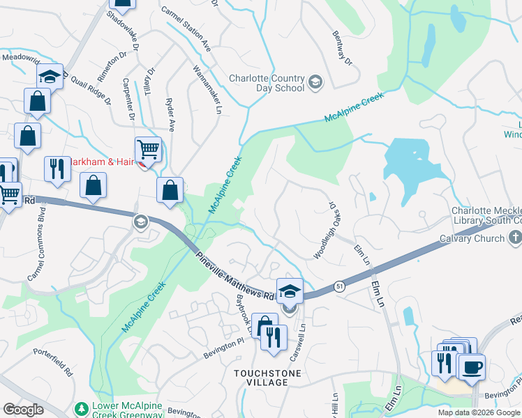 map of restaurants, bars, coffee shops, grocery stores, and more near 6453 Woodleigh Oaks Drive in Charlotte