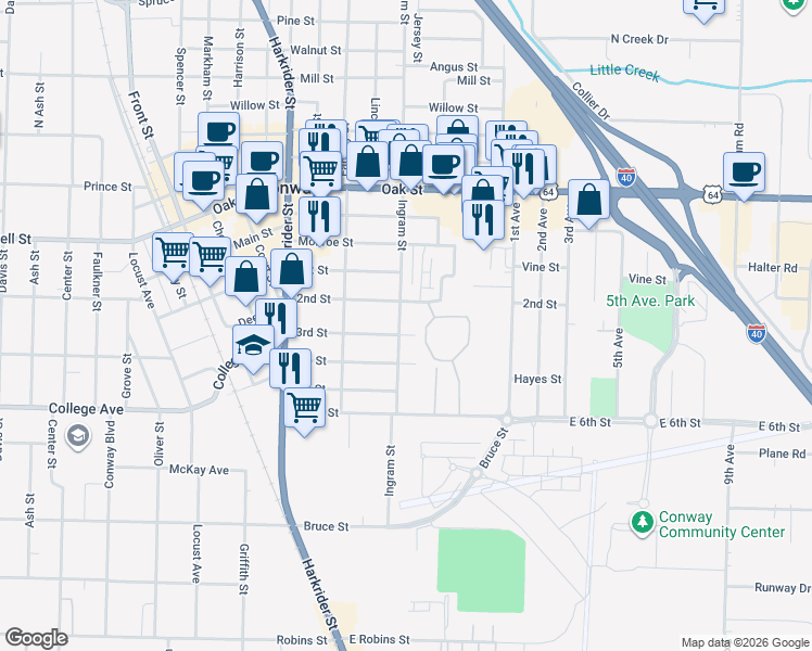 map of restaurants, bars, coffee shops, grocery stores, and more near 415 2nd Street in Conway
