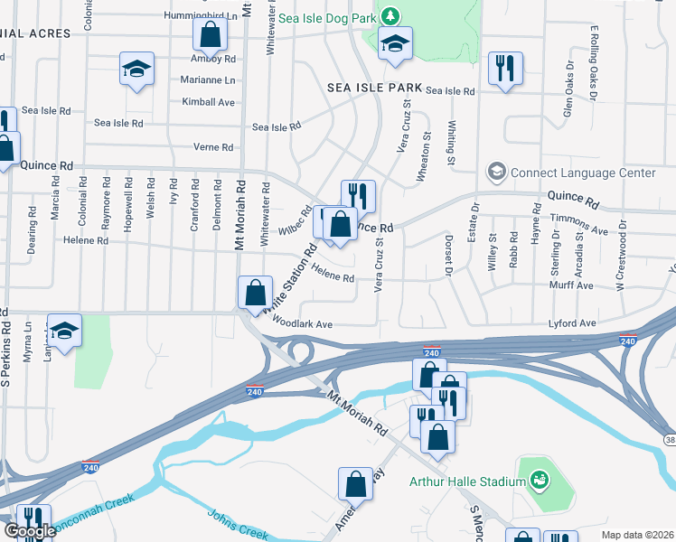 map of restaurants, bars, coffee shops, grocery stores, and more near 5116 Helene Road in Memphis