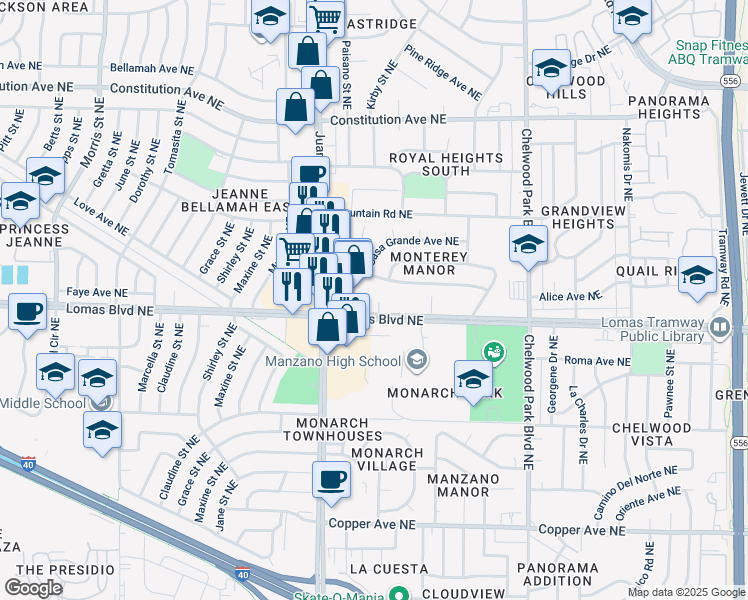 map of restaurants, bars, coffee shops, grocery stores, and more near 12100 Sierra Grande Avenue Northeast in Albuquerque