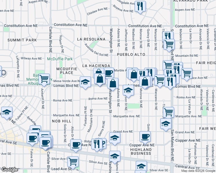 map of restaurants, bars, coffee shops, grocery stores, and more near 4150 Mesa Verde Avenue Northeast in Albuquerque
