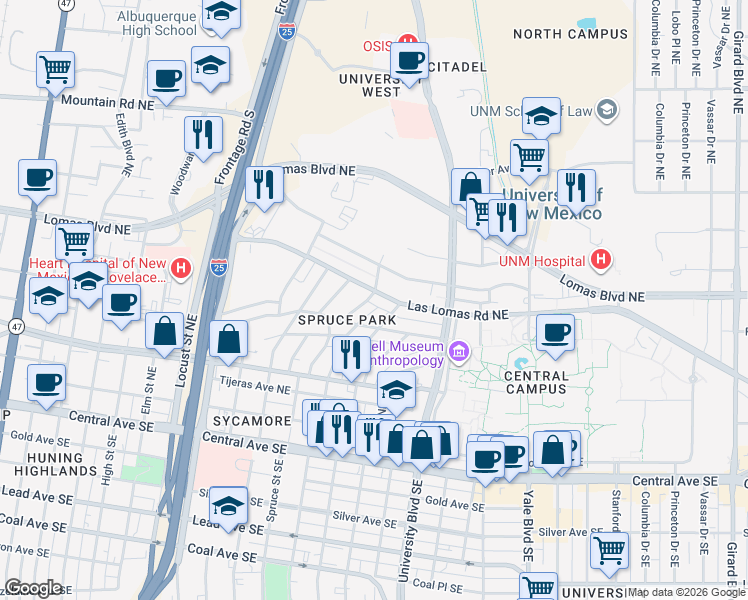 map of restaurants, bars, coffee shops, grocery stores, and more near 1315 Las Lomas Road Northeast in Albuquerque