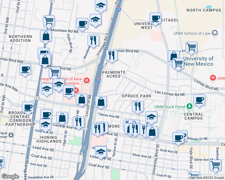 map of restaurants, bars, coffee shops, grocery stores, and more near 99999 Encino Place in Albuquerque