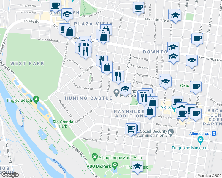 map of restaurants, bars, coffee shops, grocery stores, and more near 1228 Central Avenue Southwest in Albuquerque