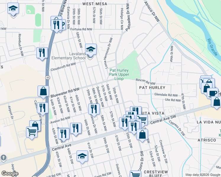 map of restaurants, bars, coffee shops, grocery stores, and more near 5500 Bluewater Road Northwest in Albuquerque