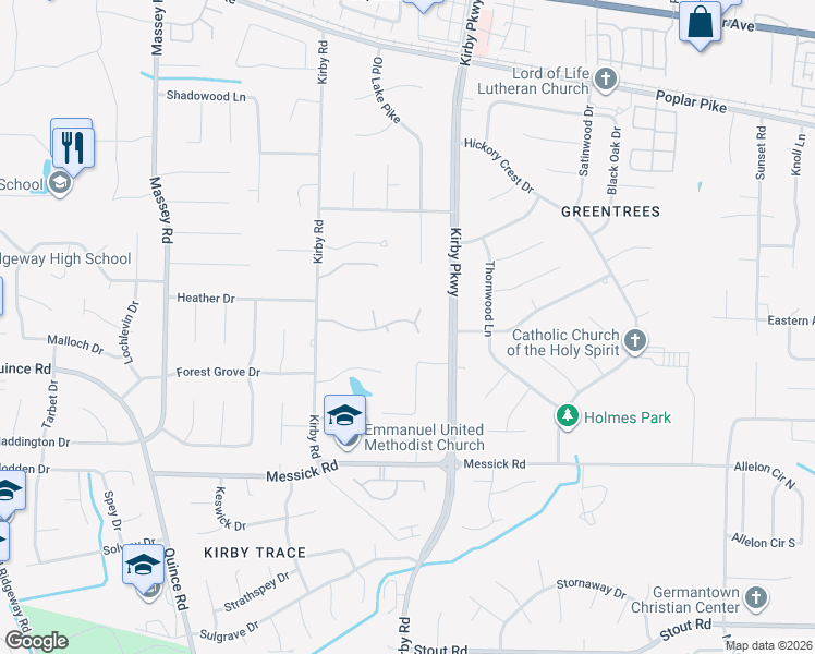 map of restaurants, bars, coffee shops, grocery stores, and more near 6614 Green Shadows Lane in Memphis