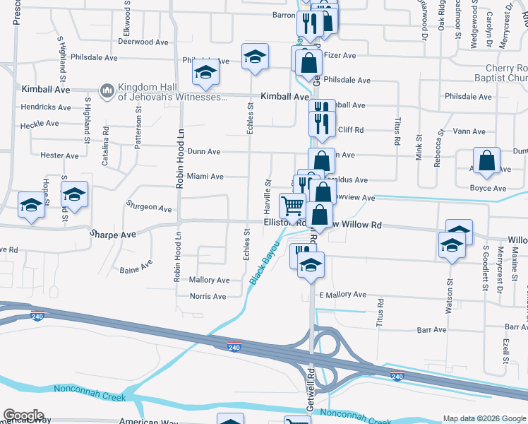map of restaurants, bars, coffee shops, grocery stores, and more near 1600 Harville Street in Memphis