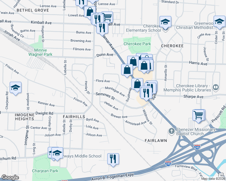 map of restaurants, bars, coffee shops, grocery stores, and more near 2107 Redbud Street in Memphis