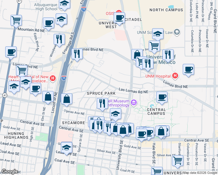 map of restaurants, bars, coffee shops, grocery stores, and more near 1315 Las Lomas Road Northeast in Albuquerque