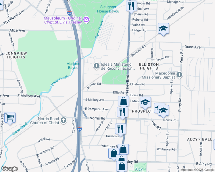 map of restaurants, bars, coffee shops, grocery stores, and more near 1263 Elliston Road in Memphis