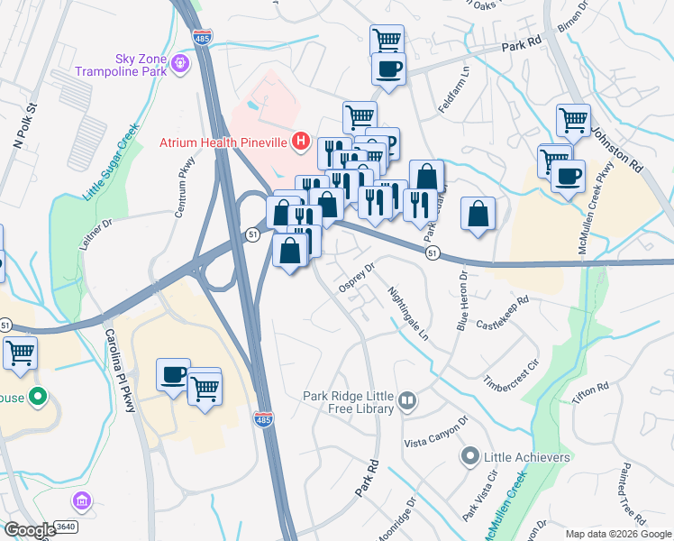 map of restaurants, bars, coffee shops, grocery stores, and more near 10923 Park Road in Charlotte