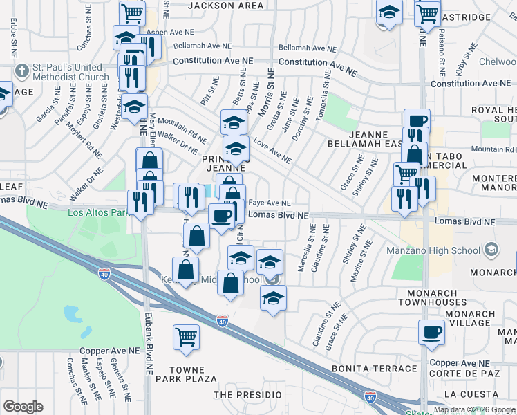 map of restaurants, bars, coffee shops, grocery stores, and more near 11201 Lomas Boulevard Northeast in Albuquerque