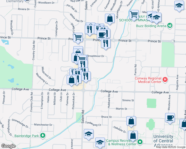 map of restaurants, bars, coffee shops, grocery stores, and more near 700 Salem Road in Conway