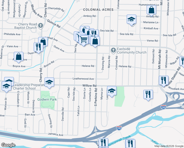 map of restaurants, bars, coffee shops, grocery stores, and more near 4623 East Dearing Road in Memphis