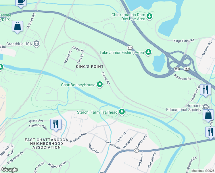 map of restaurants, bars, coffee shops, grocery stores, and more near 2736 Forest Road in Chattanooga