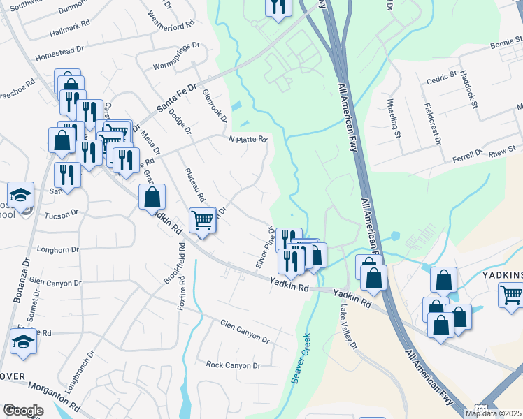 map of restaurants, bars, coffee shops, grocery stores, and more near 5330 Pecos Court in Fayetteville