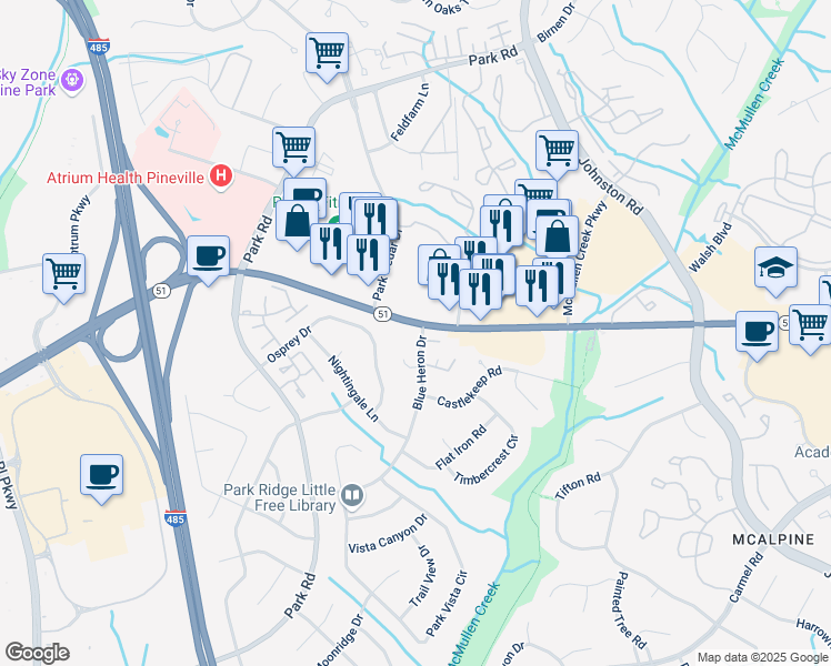 map of restaurants, bars, coffee shops, grocery stores, and more near 8500 Pineville-Matthews Road in Charlotte