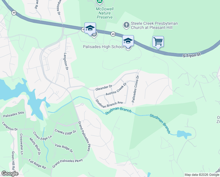 map of restaurants, bars, coffee shops, grocery stores, and more near 15320 Oleander Drive in Charlotte