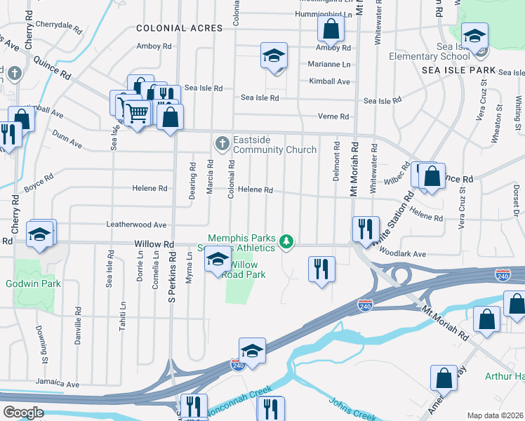map of restaurants, bars, coffee shops, grocery stores, and more near 1600 Hopewell Road in Memphis
