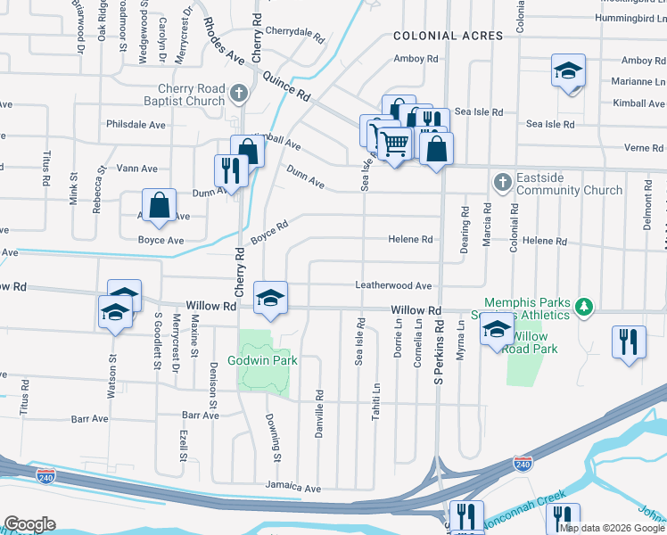 map of restaurants, bars, coffee shops, grocery stores, and more near 4464 East Dearing Road in Memphis
