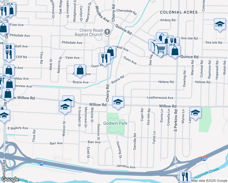 map of restaurants, bars, coffee shops, grocery stores, and more near 1597 Gilson Road in Memphis