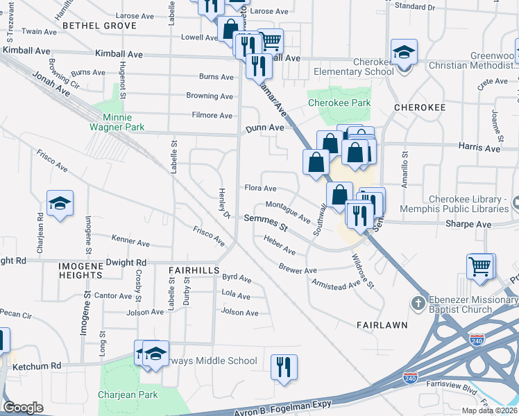map of restaurants, bars, coffee shops, grocery stores, and more near 2828 Montague Avenue in Memphis