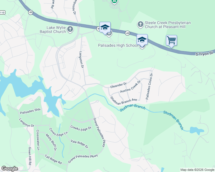 map of restaurants, bars, coffee shops, grocery stores, and more near 15442 Oleander Drive in Charlotte