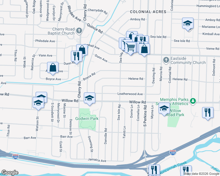 map of restaurants, bars, coffee shops, grocery stores, and more near 4464 East Dearing Road in Memphis