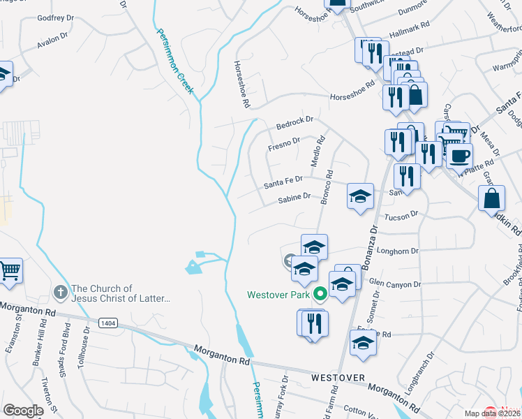 map of restaurants, bars, coffee shops, grocery stores, and more near 6140 Sabine Drive in Fayetteville