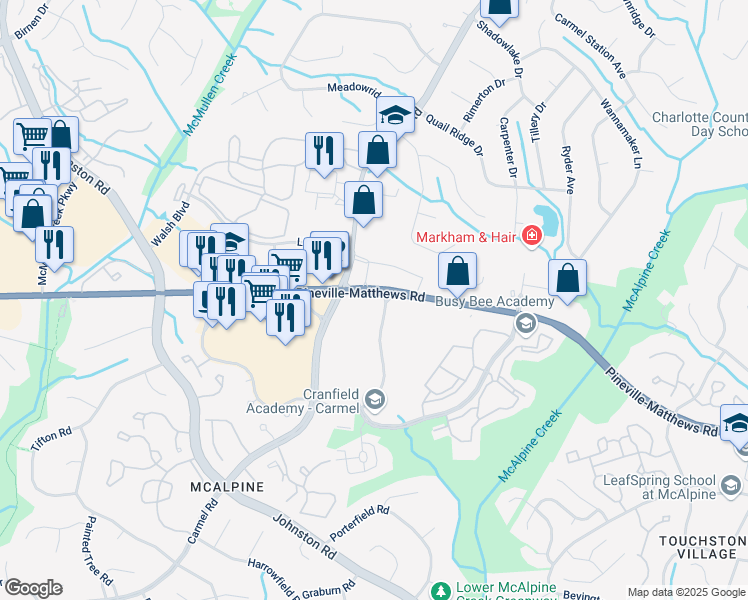 map of restaurants, bars, coffee shops, grocery stores, and more near 7401 Carmel Executive Park Street in Charlotte