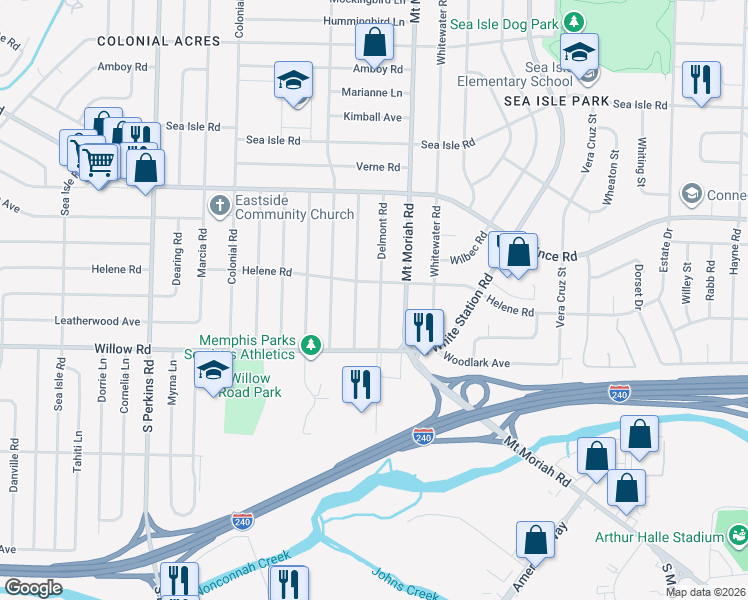 map of restaurants, bars, coffee shops, grocery stores, and more near 4927 Helene Road in Memphis