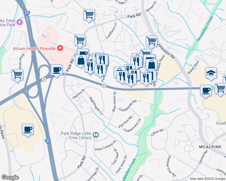 map of restaurants, bars, coffee shops, grocery stores, and more near 10700 Blue Heron Drive in Charlotte