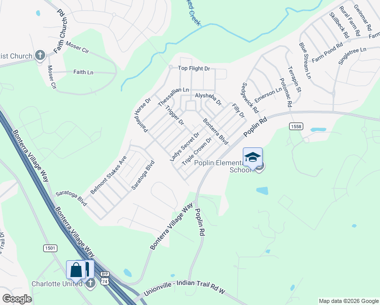 map of restaurants, bars, coffee shops, grocery stores, and more near 6003 Warwagon Drive in Indian Trail