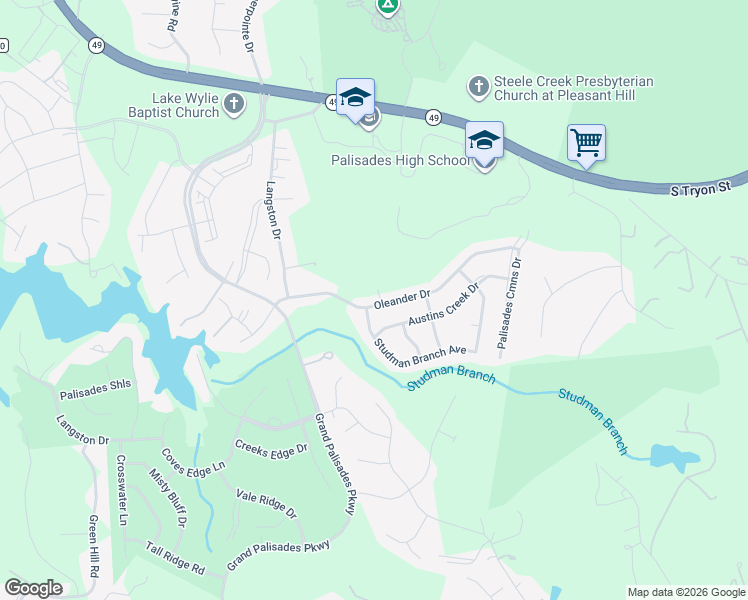 map of restaurants, bars, coffee shops, grocery stores, and more near 15442 Oleander Drive in Charlotte
