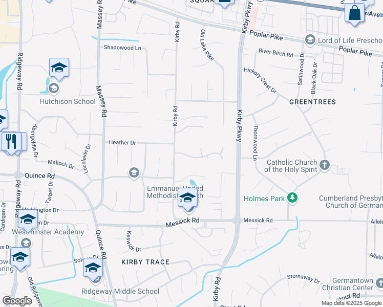 map of restaurants, bars, coffee shops, grocery stores, and more near 6562 Green Shadows Lane in Memphis