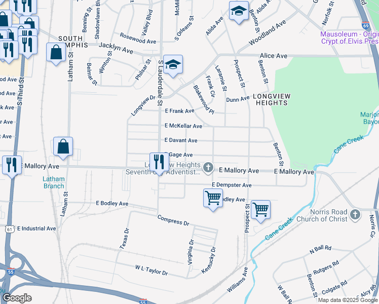 map of restaurants, bars, coffee shops, grocery stores, and more near 631 East Davant Avenue in Memphis