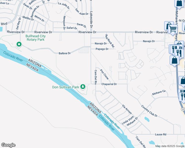 map of restaurants, bars, coffee shops, grocery stores, and more near 2452 Camino Del Rio in Bullhead City