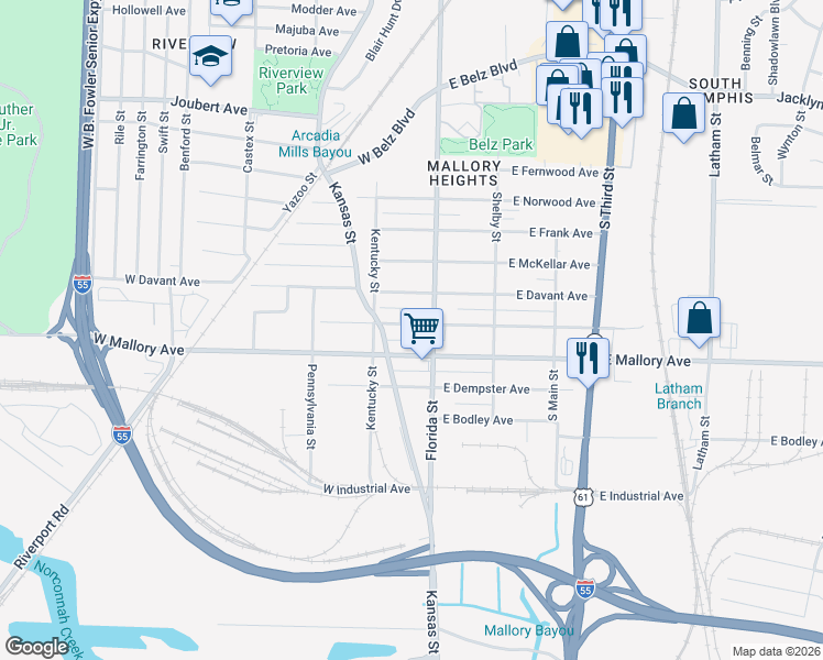 map of restaurants, bars, coffee shops, grocery stores, and more near 46 West Gage Avenue in Memphis