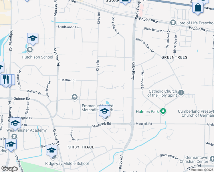 map of restaurants, bars, coffee shops, grocery stores, and more near 6562 Green Shadows Lane in Memphis