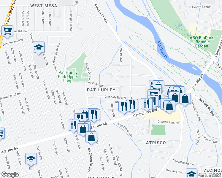 map of restaurants, bars, coffee shops, grocery stores, and more near 4918 Rincon Road Northwest in Albuquerque