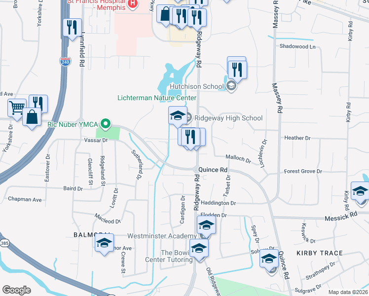 map of restaurants, bars, coffee shops, grocery stores, and more near 6070 Quince Road in Memphis