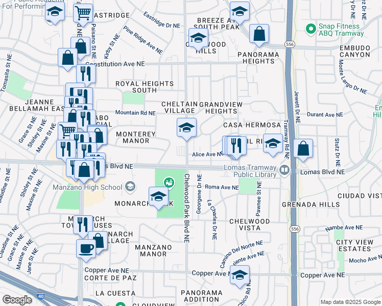 map of restaurants, bars, coffee shops, grocery stores, and more near 936 Chelwood Park Boulevard Northeast in Albuquerque
