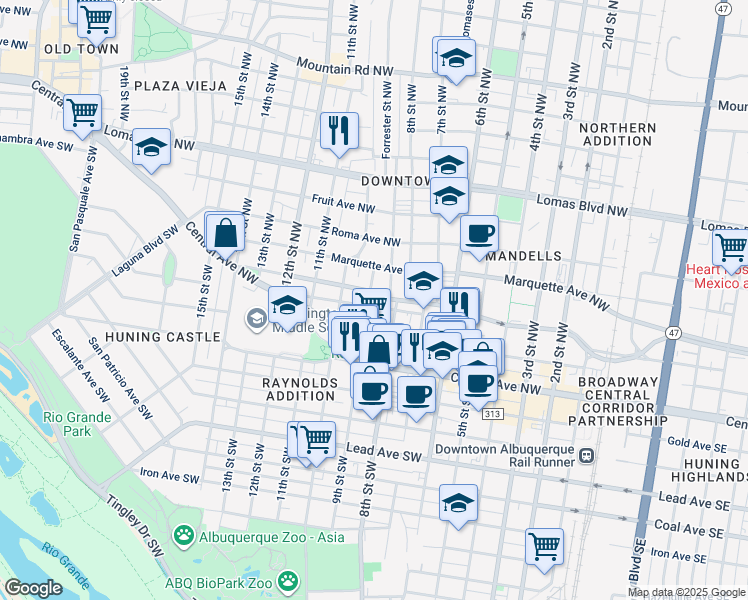 map of restaurants, bars, coffee shops, grocery stores, and more near 909 Tijeras Avenue Northwest in Albuquerque