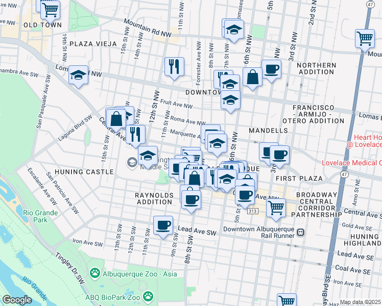 map of restaurants, bars, coffee shops, grocery stores, and more near 909 Tijeras Avenue Northwest in Albuquerque